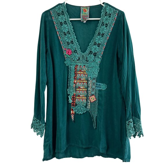 Johnny Was Teal Rayon Embroidered Floral Lace Size Small Tunic Blouse Shirt - Picture 2 of 6